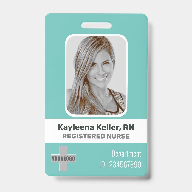 Badge Simple Turquoise Vert Bleu Photo Logo Code à barre (Avant)