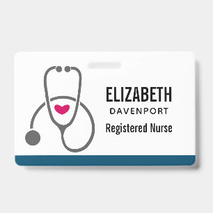 Badge Soins infirmiers gris simple Stethoscope & Coeur