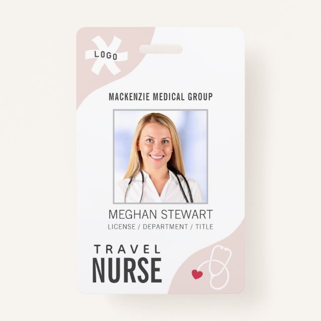 Badge Stethoscope Médicale Éditable INFIRMIÈRE DE VOYAGE (Devant)