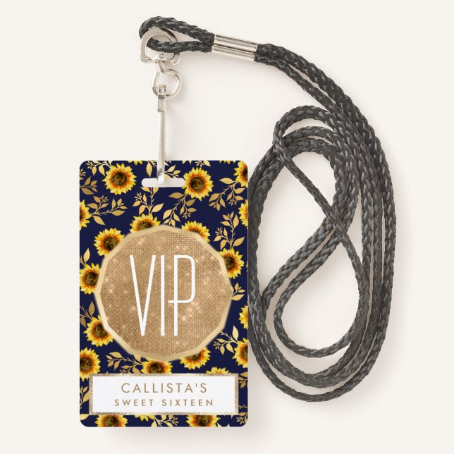 Badge Sunny Yellow Gold Navy Feuille Motif (Devant avec lanière)
