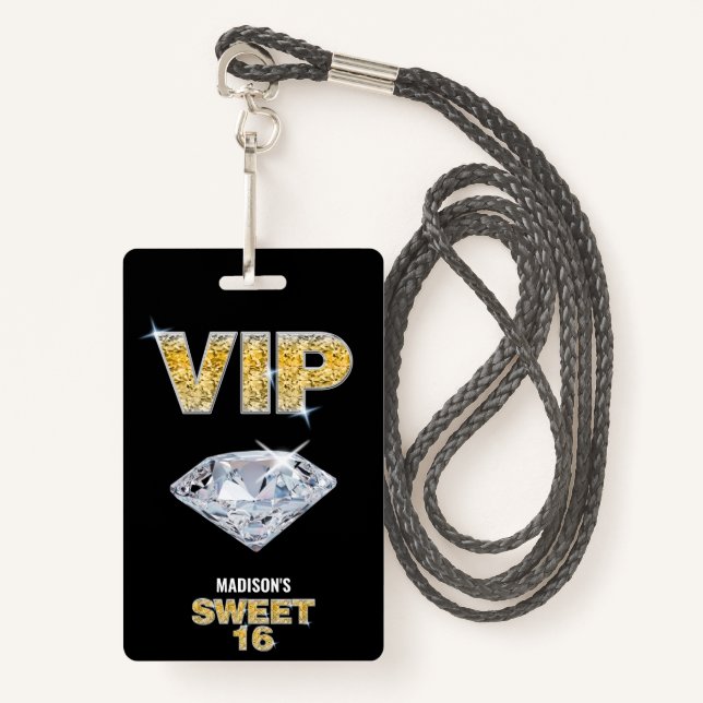Badge Sweet 16 Diamond Black Gold VIP Pass (Devant avec lanière)
