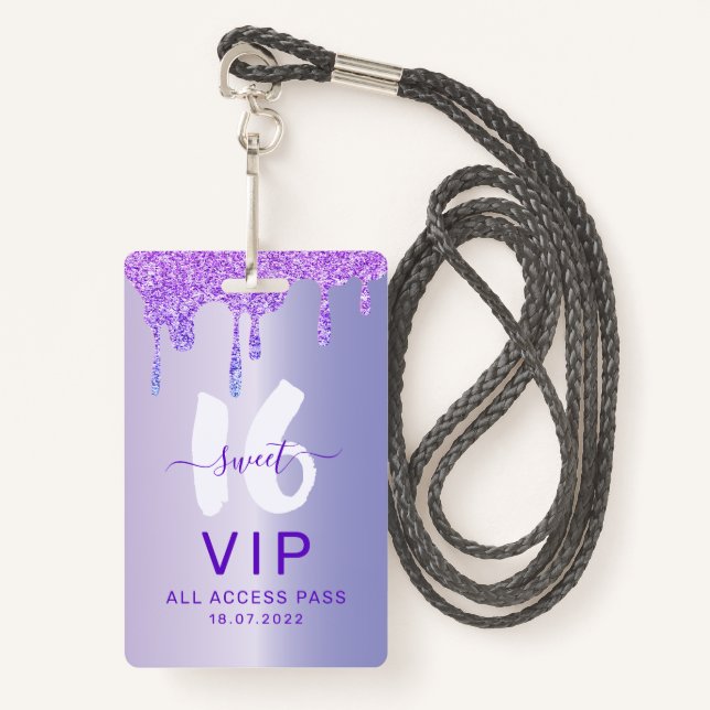 Badge Sweet 16 Glittery Purple Drips Invitation Annivers (Devant avec lanière)