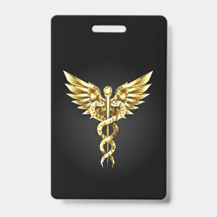 Badge Symbole caducee polygonale en or