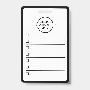 Badge Tableau Blanc Monogramme Noir Blanc Nom Liste de T