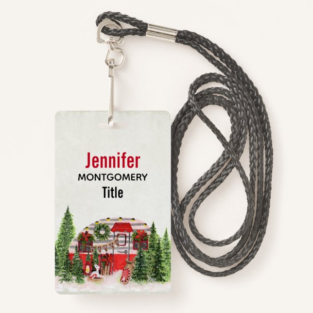 Badge Thème extérieur du camping de Noël Trailer (Devant avec lanière)