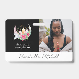 Badge Thérapeute Cristaux Plumes Fleurs Boho Moon
