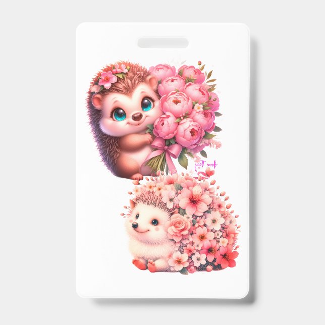 Badge  Tow cuteRomantic Floral Hedgehog Duo Illustration (Front)