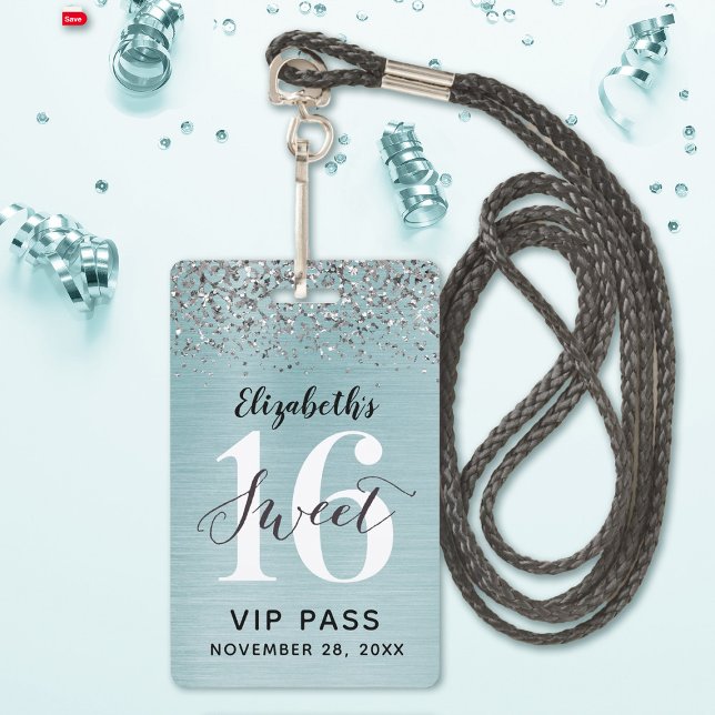 Badge Turquoise Blue Sweet 16 VIP d'anniversaire (A cute blue sweet sixteen lanyard birthday party invitation with silver glitter.)