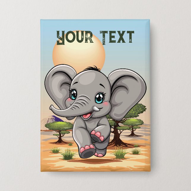 Badge Un bébé éléphant qui sonne heureux dans la savane  (Recto)