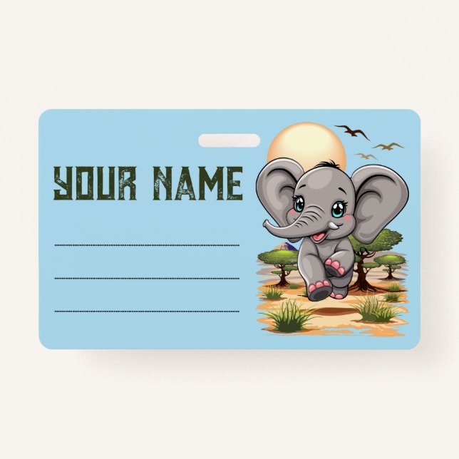 Badge Un bébé éléphant qui sonne heureux dans la savane  (Devant)
