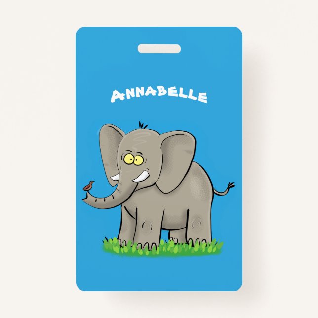 Badge Un joli éléphant drôle avec un oiseau sur le tronc (Devant)