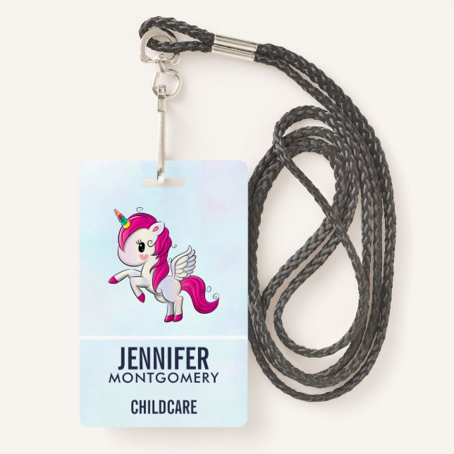 Badge Unicorne rose mignonne avec ailes (Devant avec lanière)