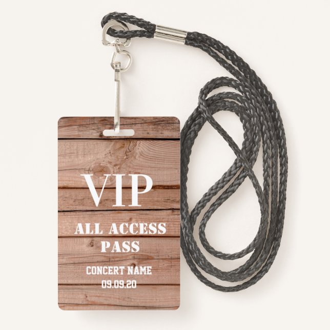 Badge Unique Rustique Concert Bois Tous Accès Pass Vip (Devant avec lanière)
