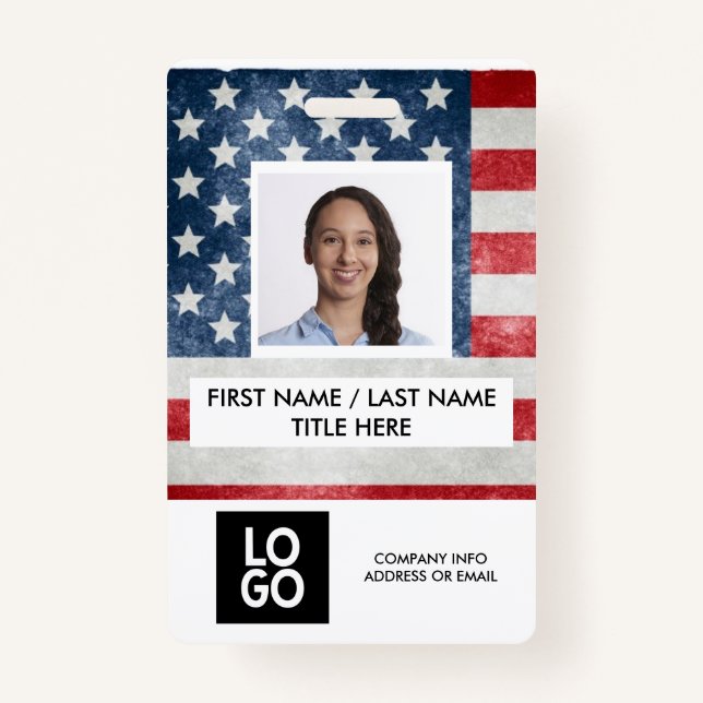 Badge USA Flag American Custom Employee Photo Name (Devant)