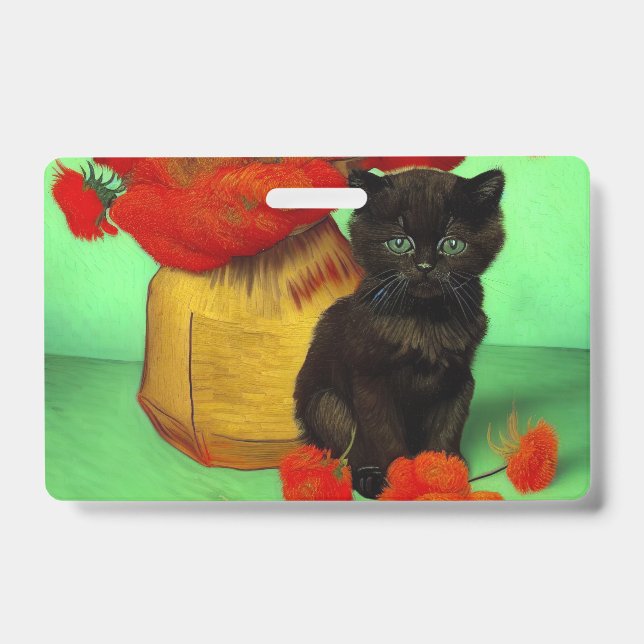 Badge Van Gogh Black Kitten Fleurs rouges (Avant)