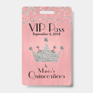 Badge VIP Couronne Argentée Rose pour Quinceañera