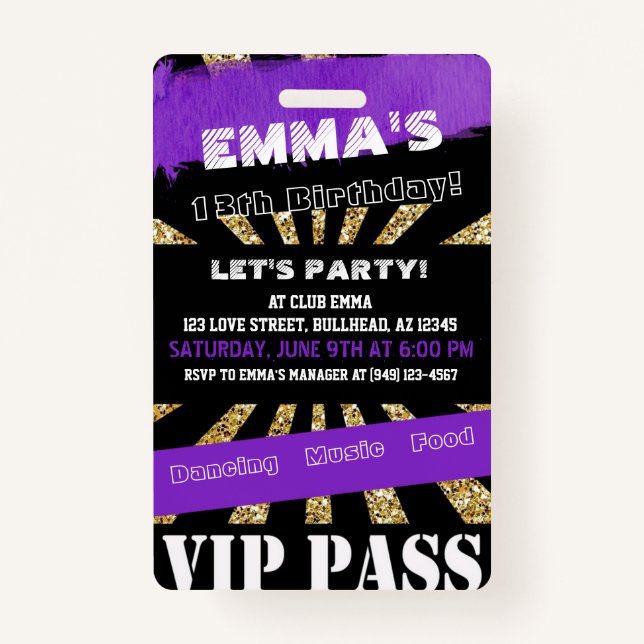 Badge VIP Purple & Gold N'importe quel Événement Pass An (Devant)