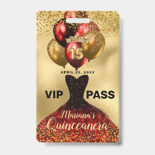 Badge VIP Quinceanera Robe Rouge Pailletée Glam Or