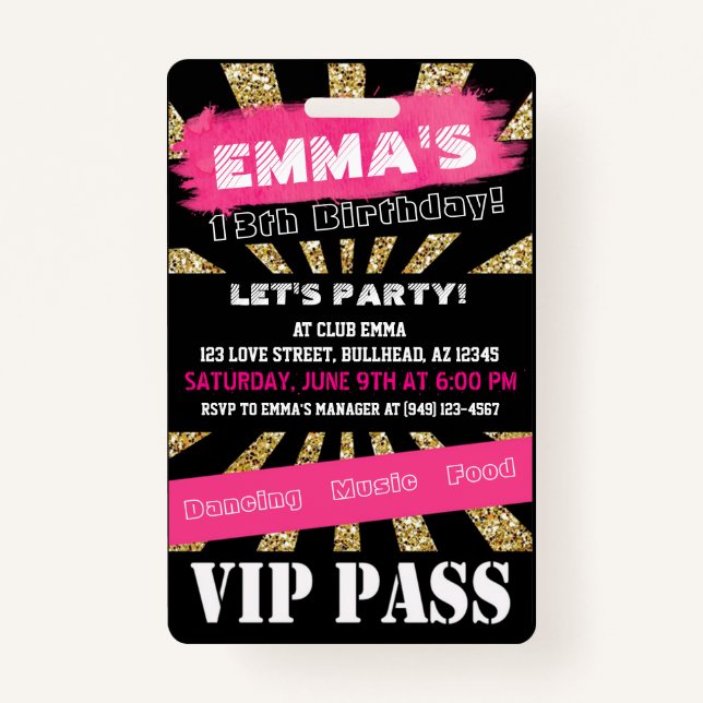Badge VIP Rose & Gold N'importe quel événement passer l' (Devant)