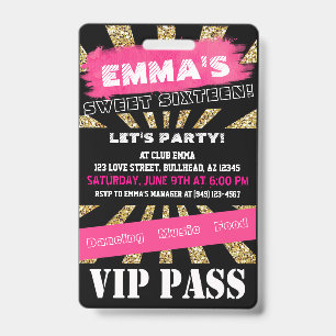 Badge VIP Sweet 16 ou tout autre événement Pass Libellé 