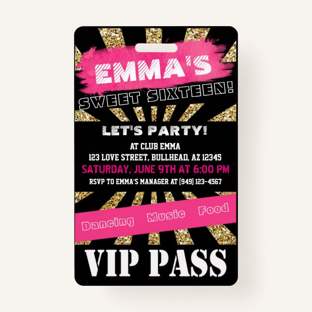 Badge VIP Sweet 16 ou tout autre événement Pass Libellé  (Devant)