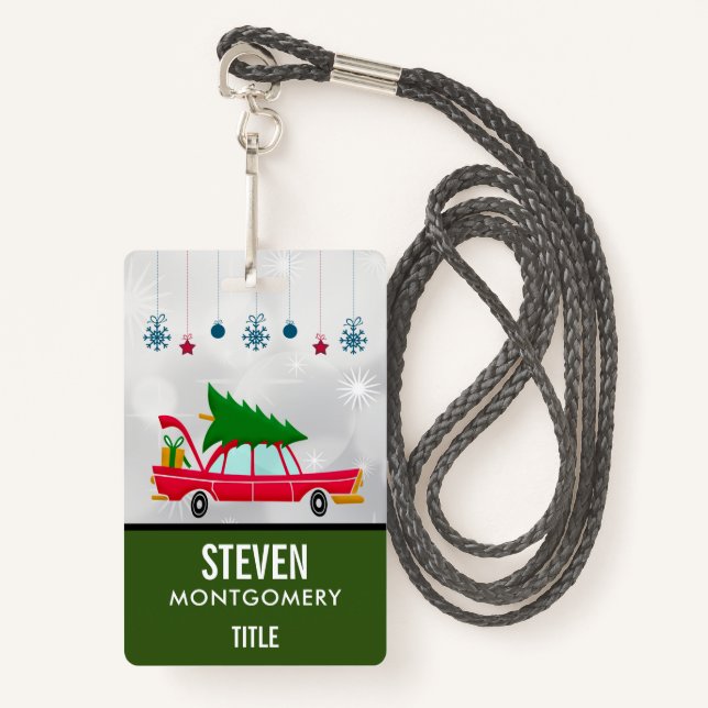 Badge Voiture rouge rétro portant un arbre de Noël (Devant avec lanière)