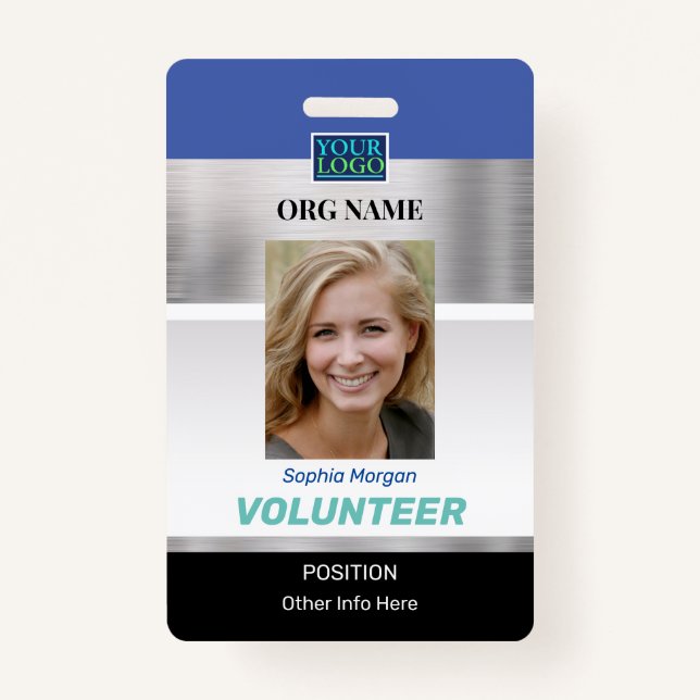 Badge Volunteer, Photo Nom Logo Info, Silver Blue Black (Devant)