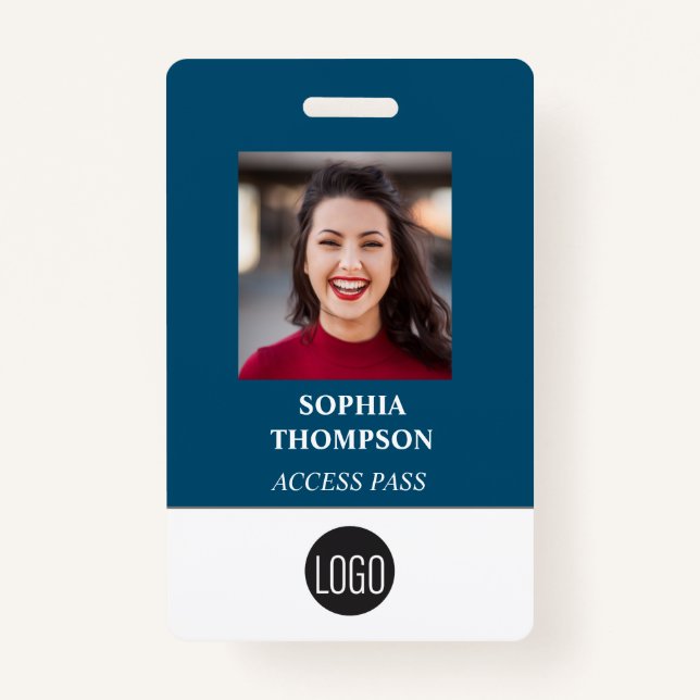 Badge Votre logo Nom de l'employé Code barre photo bleu (Devant)