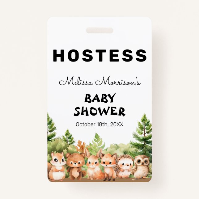 Badge Woodland Baby Boy Shower Hostess (Devant)