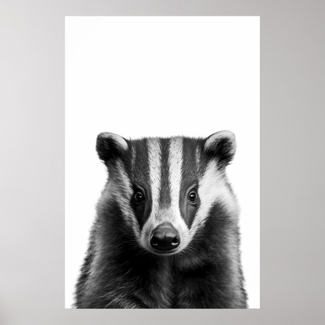 Badger Woodland Modernes Portrait Schwarz-weiß Poster (Vorne)
