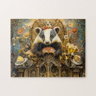 Badgers auf einem Pilztruhron in einer Fantasiewel