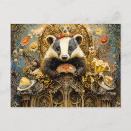 Badgers auf einem Pilztruhron in einer Fantasiewel Postkarte