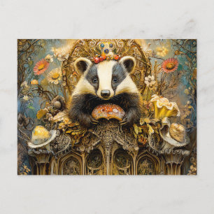 Badgers auf einem Pilztruhron in einer Fantasiewel Postkarte