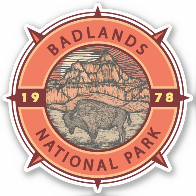 Badlands Nationalpark Buffalo Retro Kompass Aufkleber (Vorderseite)