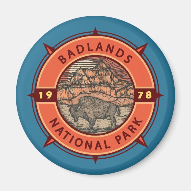 Badlands Nationalpark Buffalo Retro Kompass Magnet (Vorne)