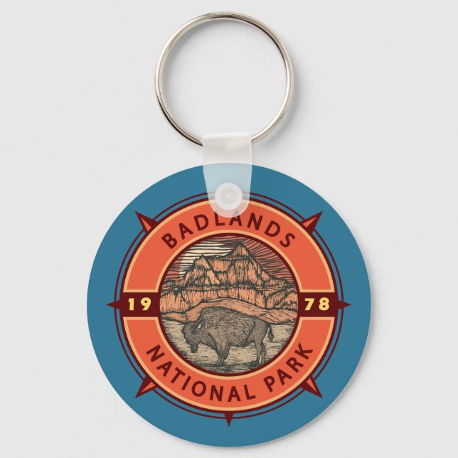 Badlands Nationalpark Buffalo Retro Kompass Schlüsselanhänger (Vorderseite)