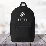 Badminton Shuttlecock Modern Black Name Bedruckter Rucksack<br><div class="desc">Ein individuelles Design auf schwarzem Hintergrund mit einem Badminton Shuttlecock Motiv-Icon in Weiß,  das leicht durch das Hochladen Ihres eigenen Logos,  Bildes oder Motivs ersetzt werden kann! Der personalisierte Monogramm-Name in der weißen,  modernen Blocktypografie kann durch Ihren eigenen Namen oder benutzerdefinierten Text ersetzt werden. Das perfekte Geschenk oder Accessoire!</div>