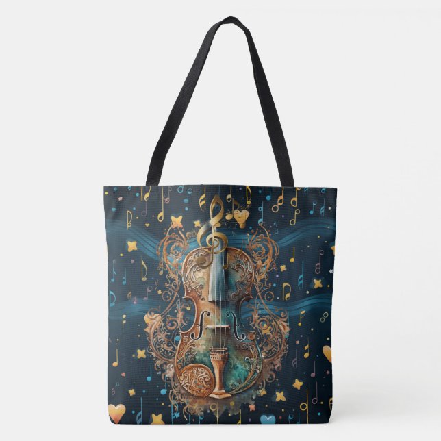 Bag  Cosmic Blue and Gold Rococo Violin Large Tote (Devant)