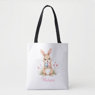 Bag Cute bunny, custom name Easter egg hunt tote bag.