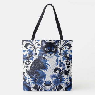 Bag Dramatic Blue Art Deco Cat Large Shoulder Tote