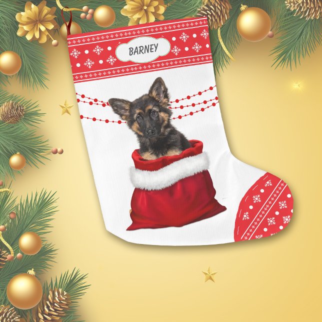 Bag German Shepherd Welppy Snowflake Border Großer Weihnachtsstrumpf (Von Creator hochgeladen)