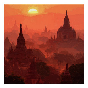 Bagan Myanmar Palast unter lebendigem Sonnenunterg Poster