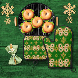 Bagel-Ringe und hübsche Schneeflocken grün Ofenhandschuh & Topflappen-Set