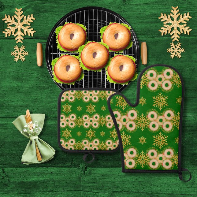 Bagel-Ringe und hübsche Schneeflocken grün Ofenhandschuh & Topflappen-Set (Von Creator hochgeladen)