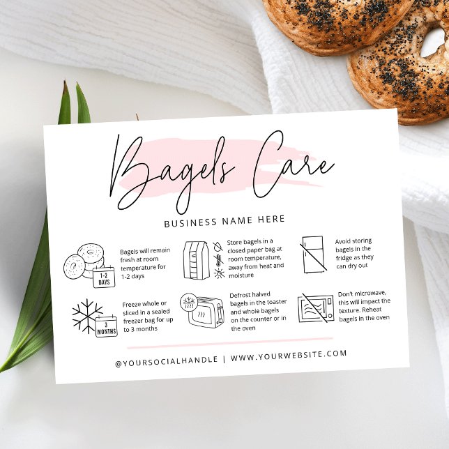 Bagels Care Guide Pink Aquarellbäckerei Visitenkarte (Modern bagels care cards with icons, trendy fonts and pink watercolor design and your logo)