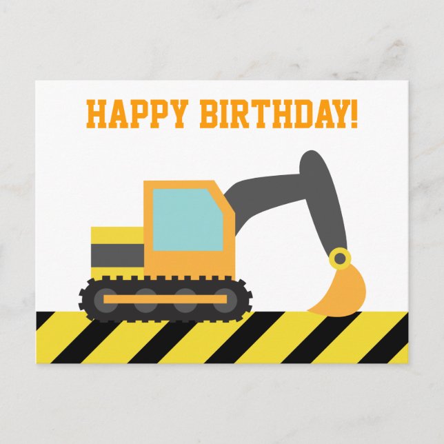 Bagger, Baufahrzeug, Happy Birthday Postkarte (Vorderseite)