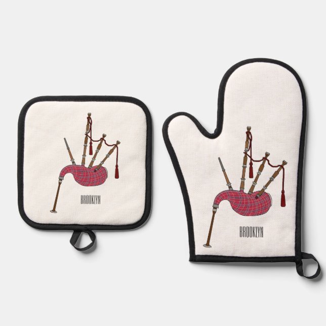Bagpipe Cartoon Illustration Ofenhandschuh & Topflappen-Set (Vorderseite)