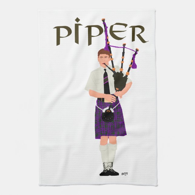 Bagpiper - Lila Kilt Küchentuch (Vertikal)