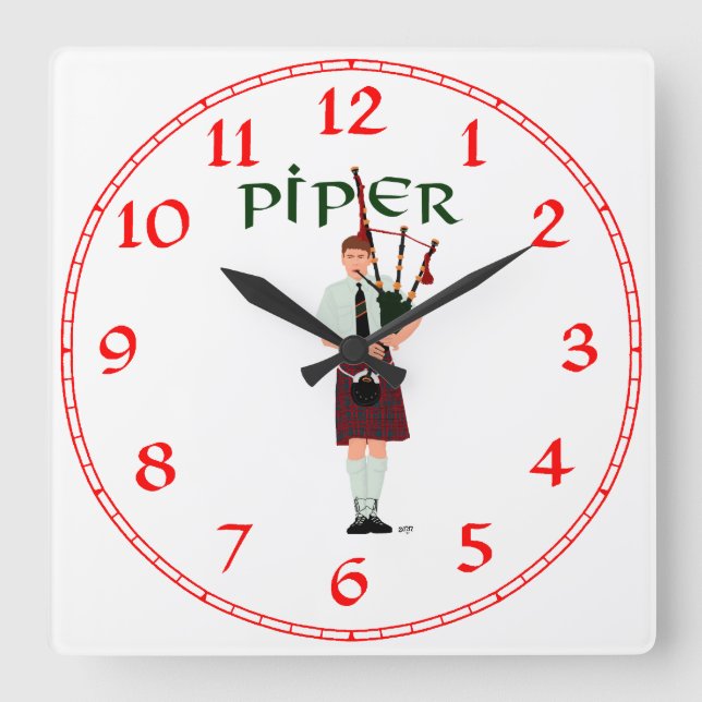 Bagpiper - Red Kilt Quadratische Wanduhr (Vorderseite)