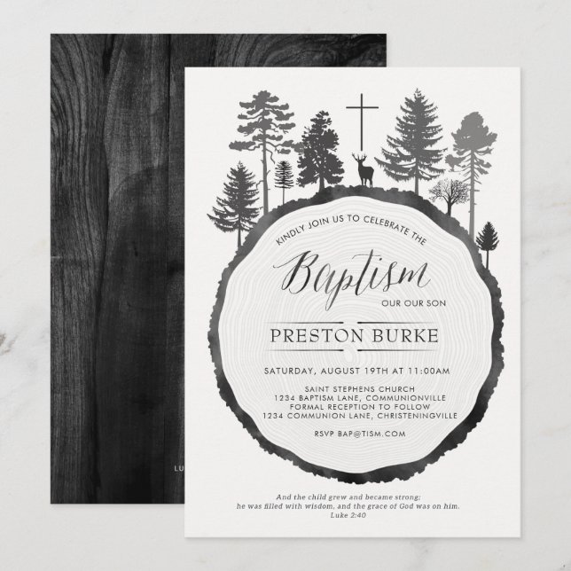 Bague d'arbre avec le baptême de cerf Invitation (Devant / Derrière)